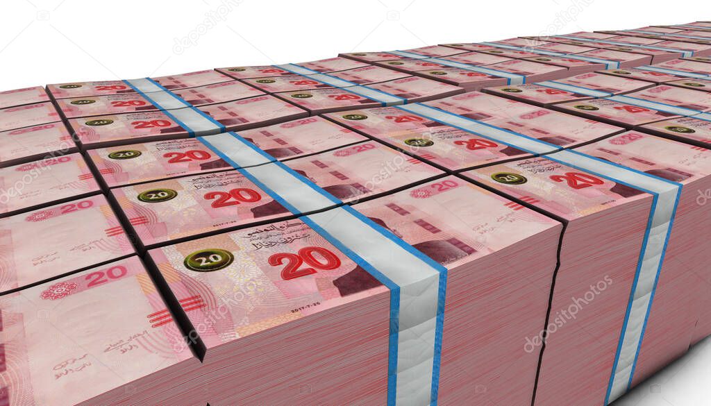 3D illustration of Tunisia 20 Dinars bills stacks background