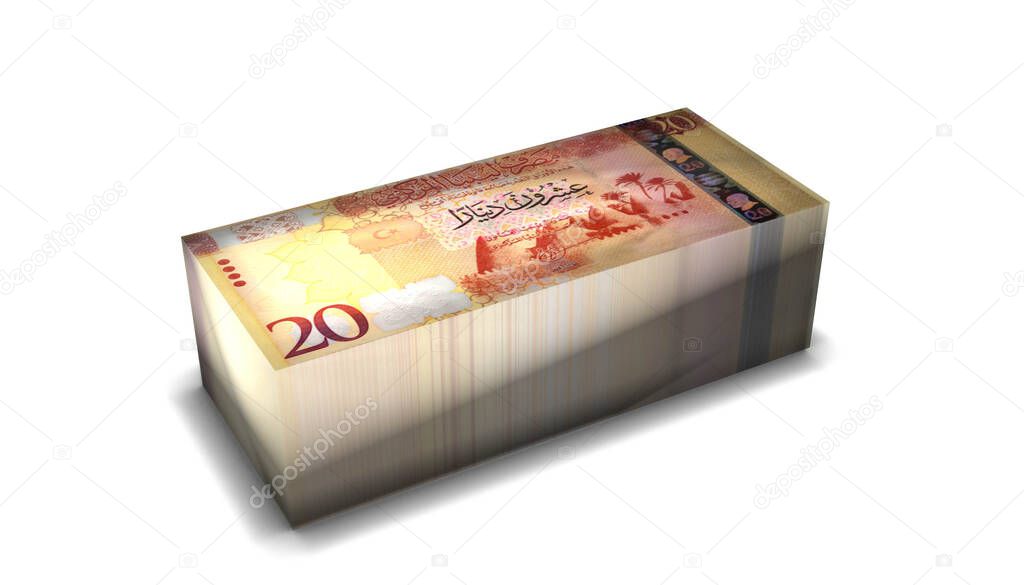 3D illustration of Libya 20 Dinars bills stacks background
