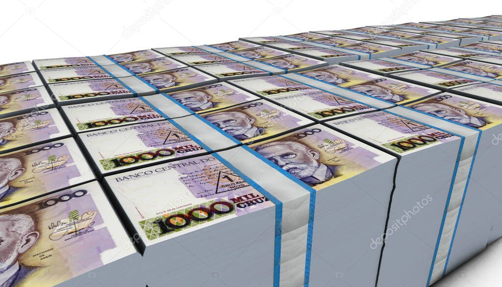 3D illustration of Brazil 1000 Cruzeiros bills stacks background