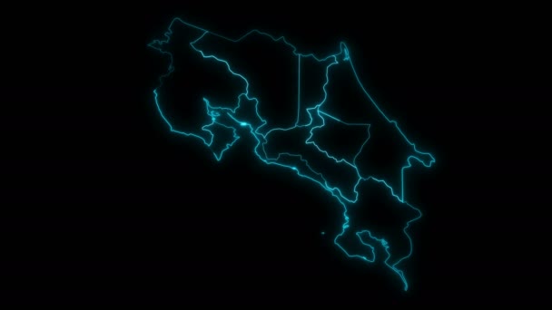 Animowany Zarys Mapy Kostaryki Prowincjami Czarnym Tle — Wideo stockowe