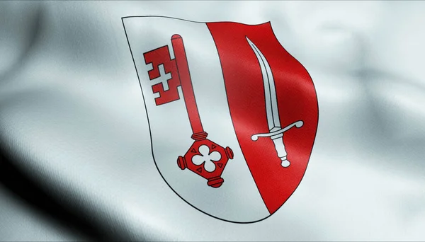 一个挥动的瑞士城市旗帜Romainmotier嫉妒的3D说明 — 图库照片