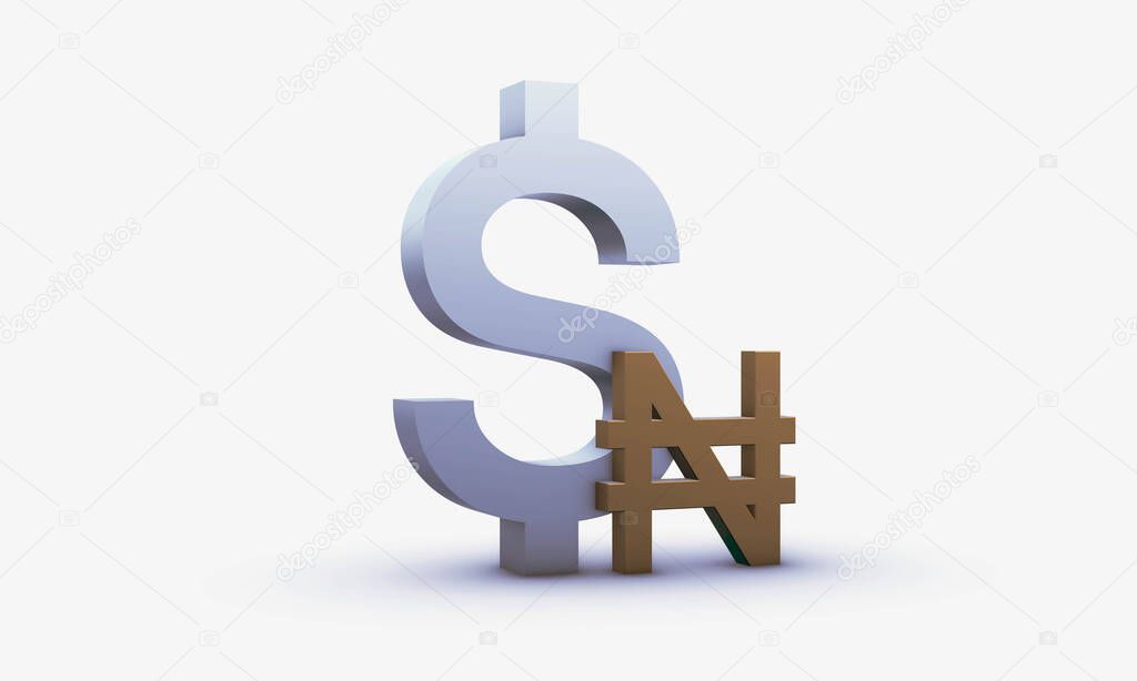 Exchange rating of Dollar and Nigerian naira Isolated on a White Background