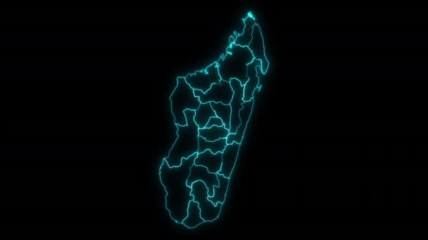 带有区域发光轮廓的动画中和外的马达加斯加地图概要 — 图库视频影像