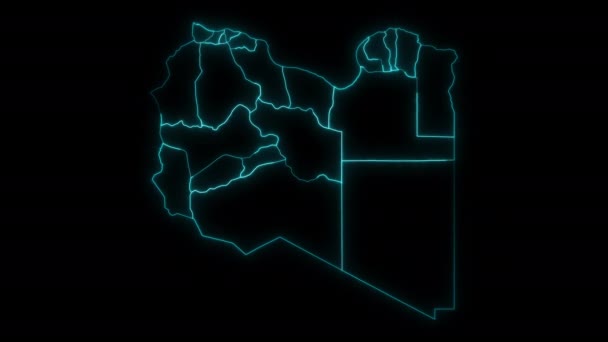 Abstrakt Karta Över Libyen Med Distrikt Glödande Kontur Och Animation — Stockvideo