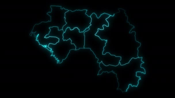 Streszczenie Zarysu Mapy Gwinei Regionami Świecącymi Zarys Animacji — Wideo stockowe