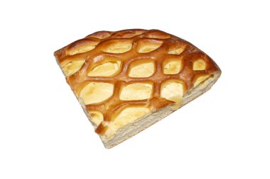 Beyaz arka planda süzme peynirli cheesecake. Altın kabuklu bir parça süzme peynirli kek..