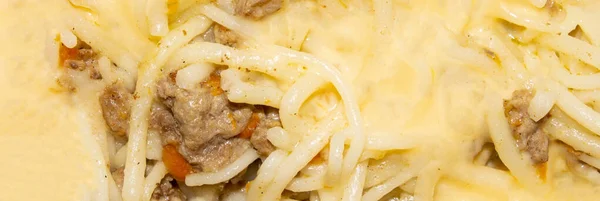 Macaroni Met Vlees Gesmolten Kaas Achtergrond Vermicelli Met Gehakt Vlees — Stockfoto