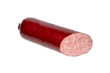 Salam beyaz arka planda sosis tüttürdü. Tütsülenmiş sosis, kesilmiş sosis..