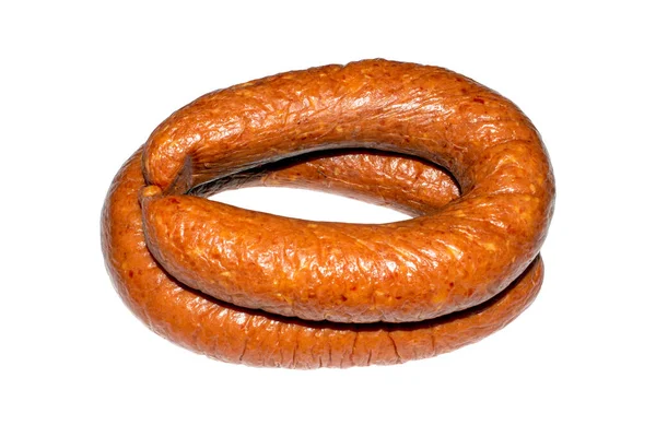 Saucisse Bouillie Fumée Sur Fond Blanc Saucisse Fumée Fermière Bâton — Photo