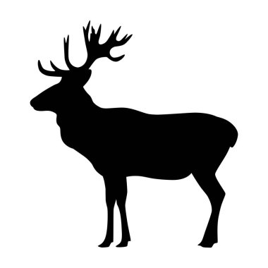 Ren geyiği logosu vektör olarak siyah ve beyazdır. Beyaz arka planda büyük boynuz vektör çizimi olan bir geyiğin silueti..