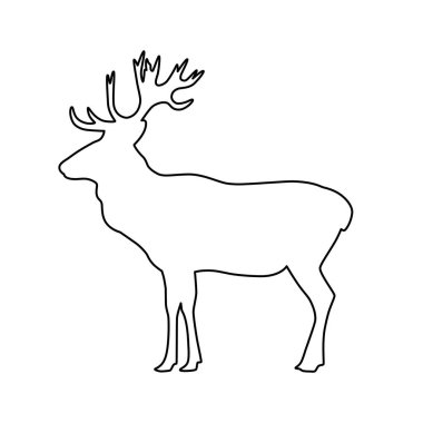 Ren geyiği logosu vektör olarak siyah ve beyazdır. Beyaz arka planda büyük boynuz vektör çizimi olan bir geyiğin silueti..