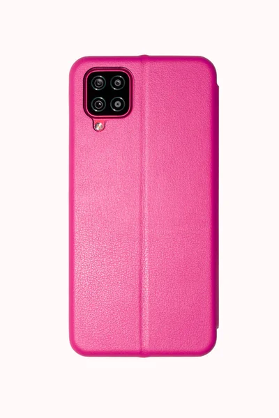 Kvinnlig Smartphone Rosa Läderfodral Vit Bakgrund Modern Smartphone Rosa Läderfodral — Stockfoto