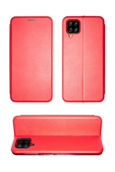 Kvinnlig Smartphone Röd Läderfodral Vit Bakgrund Modern Smartphone Röd Läderfodral — Stockfoto