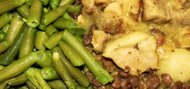 Etli fasulye üst görünüm. Çalı fasulyesi arkaplanlı et..