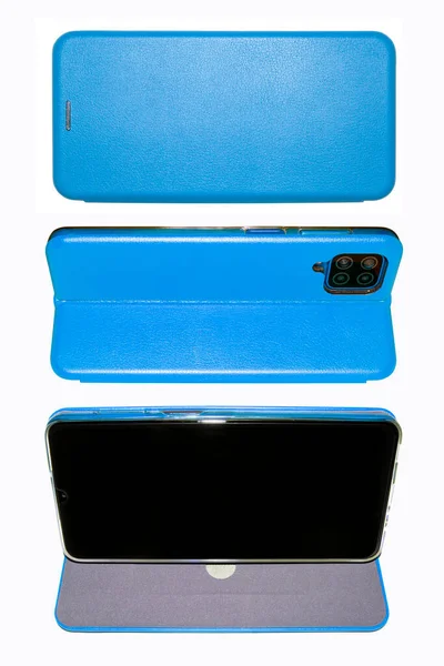 Smartphone Blå Läderfodral Vit Bakgrund Modern Smartphone Blå Läderfodral Ovanifrån — Stockfoto