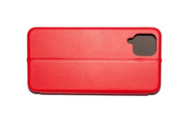 Akıllı telefon için deri istiridye kabuğu. Beyaz arka planda kırmızı deri telefon çantası..