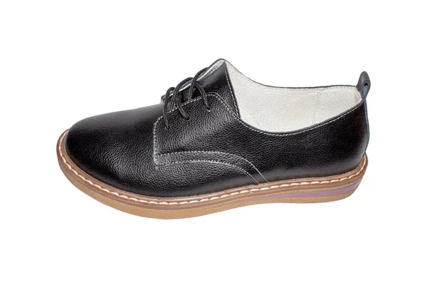 Zapatos Clásicos Cuero Negro Para Mujer Con Cordones Fondo Blanco —  Fotos de Stock