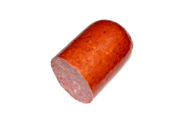 Geräucherte Salami Wurst Auf Weißem Hintergrund Geräucherte Wurst Schneide Ein — Stockfoto