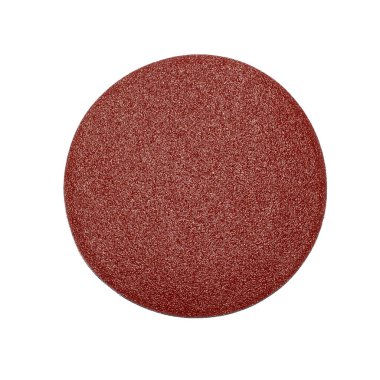 Beyaz zemin üzerinde kırmızı zımpara kağıdından yapılmış öğütme çarkı. Zımpara kağıdından yapılma yuvarlak başlık..