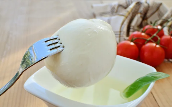 Bola de queijo mussarela em garfo — Fotografia de Stock