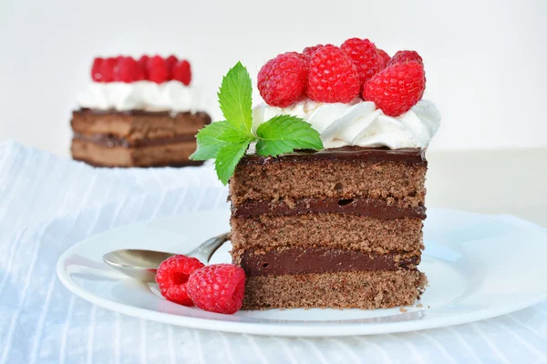 Krem şanti krema ve beyaz plaka üzerinde taze ahududu ile çikolatalı kek — Stok fotoğraf