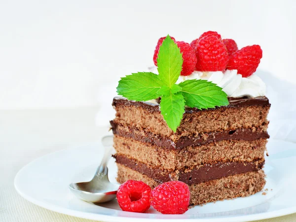 Pezzo di torta al cioccolato con glassa alla panna montata e lampone fresco su piatto bianco — Foto Stock