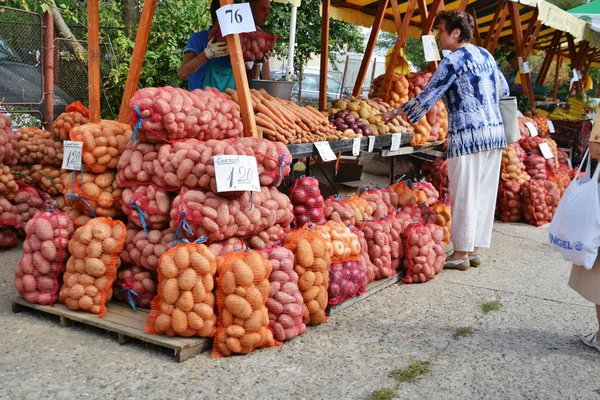 Une femme achète des légumes au marché fermier local — Photo