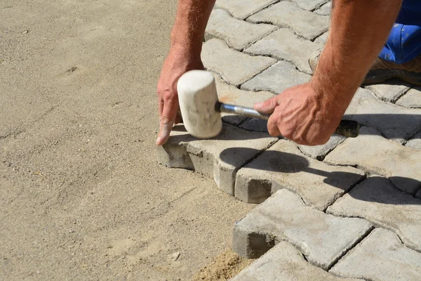 Trabalhador que estabelece bloqueio pavers de concreto — Fotografia de Stock