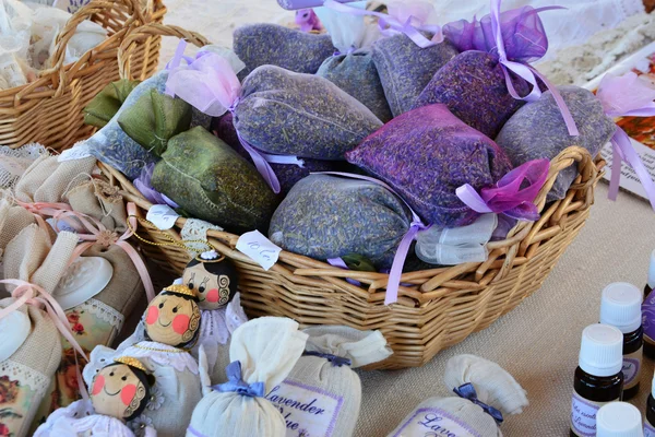 Dried lavender bags, lavender products — Stock Photo, Image