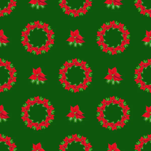 Fondo de Navidad verde con corona de poinsettia — Foto de Stock