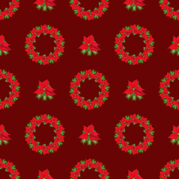 Fond rouge de Noël avec couronne de poinsettia — Photo