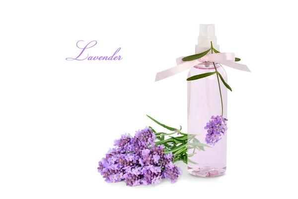 Lavender product in spray bottle, flowers isolated — Stock Photo, Image