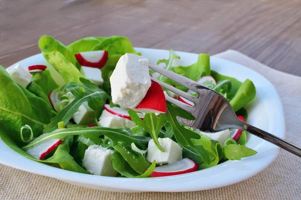 Salada de legumes de folha fresca com queijo feta — Fotografia de Stock