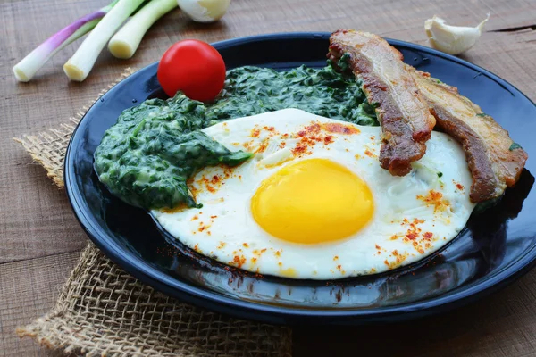 Ovo frito com molho de espinafre e bacon — Fotografia de Stock