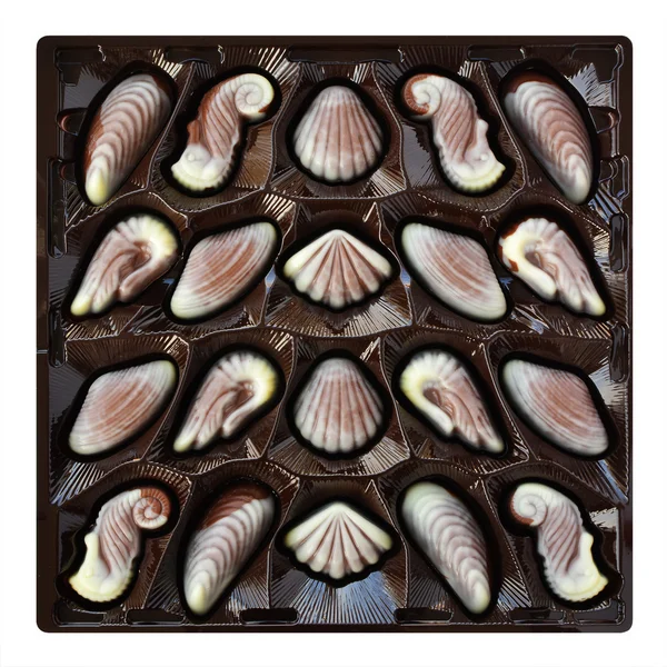 Čokoládové bonbony, mušle a mořský koník lanýže, drobné cukrovinky v krabici na bílém pozadí — Stock fotografie