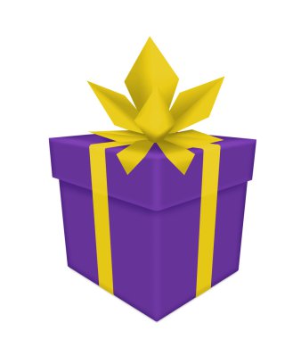 Mor hediye altın yay ve beyaz arka plan üzerinde izole şerit ile