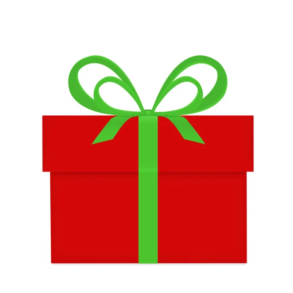Caja de regalo roja con lazo verde y cinta aislada en blanco —  Fotos de Stock