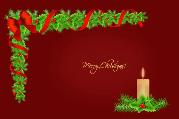 Christmas holly border decoration with candle over red background, greeting card — Stock Photo, Image