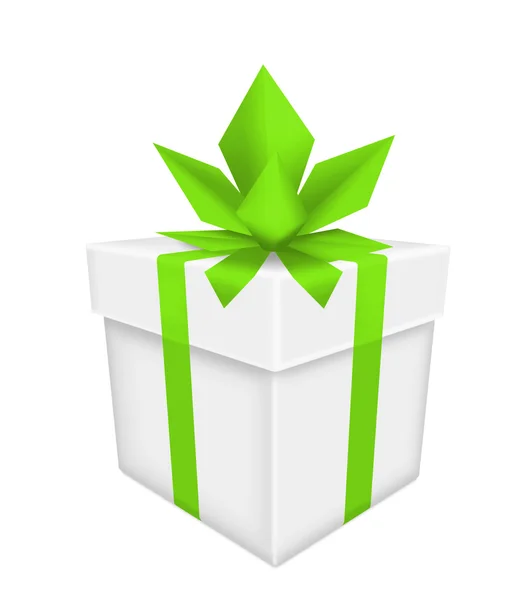 Caja de regalo blanca con lazo verde y cinta aislada sobre fondo blanco — Foto de Stock