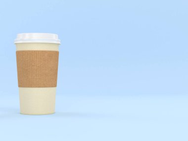 Modern Yeniden Kullanılabilir Karton Kupa 3D Render Kraft Brown kullan-at Karton Ceket, Sıcak ve Soğuk İçecekler, Espresso Kahve Sütü İçeceği İzolasyonu ve El Koruma Kollu Açık Mavi Fotokopi Arkaplan
