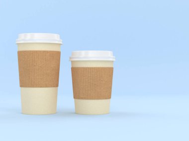 Modern Yeniden Kullanılabilir Karton Kupa 3D Render Kraft Brown kullan-at Karton Ceket, Sıcak ve Soğuk İçecekler, Espresso Kahve Sütü İçeceği İzolasyonu ve El Koruma Kollu Açık Mavi Fotokopi Arkaplan