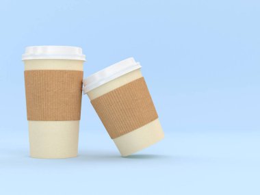 Modern Yeniden Kullanılabilir Karton Kupa 3D Render Kraft Brown kullan-at Karton Ceket, Sıcak ve Soğuk İçecekler, Espresso Kahve Sütü İçeceği İzolasyonu ve El Koruma Kollu Açık Mavi Fotokopi Arkaplan