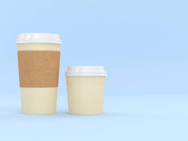 Modern Yeniden Kullanılabilir Karton Kupa 3D Render Kraft Brown kullan-at Karton Ceket, Sıcak ve Soğuk İçecekler, Espresso Kahve Sütü İçeceği İzolasyonu ve El Koruma Kollu Açık Mavi Fotokopi Arkaplan
