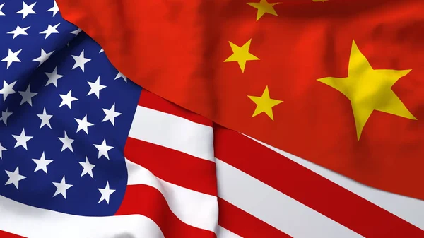 Usa Amerika Čína Vlajka Země Detailní Renderování Tkaninou Hedvábí Bavlna — Stock fotografie