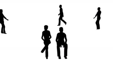 Kalabalık Oturur ve Yürüyen 3D Canlandırma Silueti 4K çözünürlük Beyaz Arkaplan