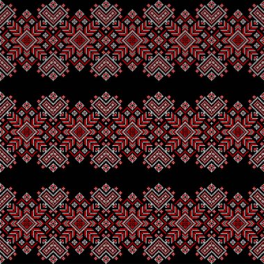 Ukrayna geleneksel nakış deseni, kırmızı ve siyah geometrik halk süsü, etnik çapraz dikişsiz sınır tasarımı, ulusal tekstil dekorasyonu, Slav kültürel sanat arka planı