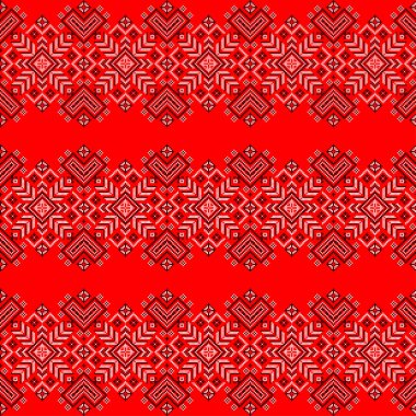 Ukrayna geleneksel nakış deseni, kırmızı ve siyah geometrik halk süsü, etnik çapraz dikişsiz sınır tasarımı, ulusal tekstil dekorasyonu, Slav kültürel sanat arka planı