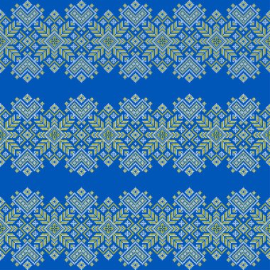 Ukrayna geleneksel nakış deseni, mavi ve sarı geometrik halk süsü, etnik çapraz dikişsiz sınır tasarımı, ulusal tekstil dekorasyonu, Slav kültürel sanat arka planı