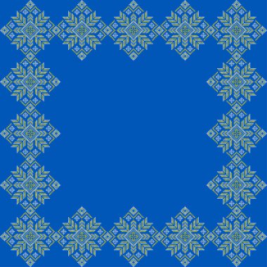 Ukrayna geleneksel nakış çerçevesi, mavi ve sarı geometrik halk süsü sınırı, etnik çapraz dikiş çerçeve tasarımı, ulusal tekstil dekorasyon arka plan şablonu