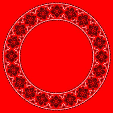 Beyaz zemin üzerinde siyah ve kırmızı haç dikiş süsü bulunan geleneksel Ukrayna nakış deseninden yapılmış yuvarlak çerçeve. Halk etnik tasarımı vyshyvanka 'dan esinlenmiştir, sınırlar, davetiyeler, tebrik kartları, posterler ve dekoratif projeler için mükemmeldir.